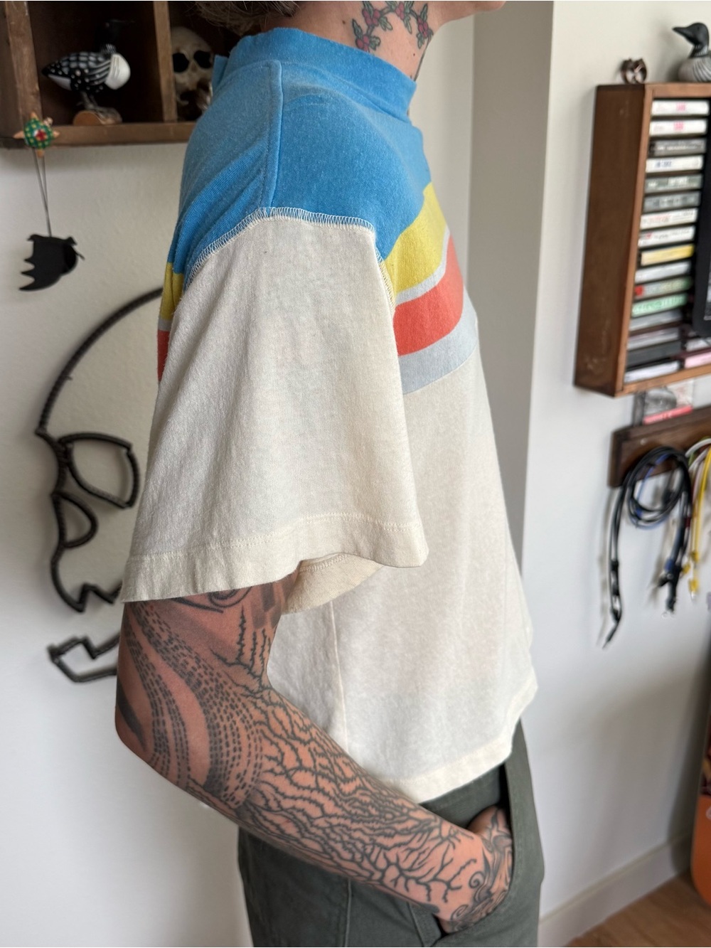 Free People Retro Cropped Striped Mock Neck Tee ~ Size Medium - Picture 4 of 9
